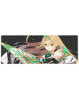 Anime girl mouse pad 32x12 inches with armored warrior, starry black background, gold hair and sci-fi blade.