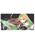 Anime girl mouse pad 32x16 inches with sci-fi warrior in white-black armor, gold trim, starry backdrop.