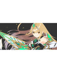 36x16 inches anime girl desk pad with armored sci-fi warrior, starry black backdrop, emerald neon accents.