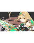 40x20 inches anime girl desk pad with armored warrior, gold hair, neon green accents on starry black.