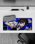 Makoto Niijima Persona 5 mouse pad, 28x12 inches, featuring Queen with knuckle duster, electric blue backdrop and tarot cards.
