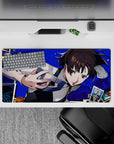 Makoto Niijima from Persona 5 on a 32x16 inch anime mouse pad, electric blue backdrop, with tarot cards floating around.