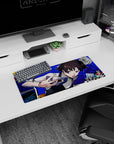 Makoto Niijima Persona 5 mouse pad, 28x12 inches. Features Queen with knuckle duster, tarot cards, and electric blue backdrop.