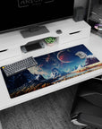 Red planet over frosty mountains desk pad 36x16 inches, starlight sky with teal haze and sandy ground.