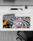 Neon orange sparks and glitchy streaks on dark mech backdrop anime mouse pad, 28x12 inches.