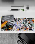 Neon orange and dark mech vibe anime desk mat 32x12 inches, loud playful energy with spark rings.