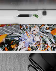 Neon orange sparks and glitch streaks on an anime girl desk pad 36x16 inches, loud playful vibe.