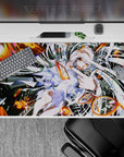 Neon orange and dark cyber sparks anime desk pad 40x20 inches, loud playful vibe for smooth mouse tracking.