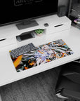 Silver-haired anime girl with amber eyes giving a two-finger salute on mouse pad, 28x12 inches.