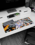 Silver-haired anime girl with amber eyes flashing a two-finger salute on mouse pad 32x12 inches.