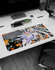 Silver-haired anime girl with amber eyes saluting amid ringed sparks on mouse pad 32x16 inches.