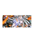 Stormy-cute anime girl mouse pad, silver hair and ruffled dress with neon shards, 28x12 inches.