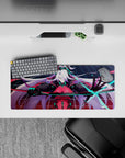 28x12 inches cyberpunk mouse pad in crimson, black, and electric blue with neon glow, edgy vibe.
