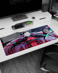 36x16 inches desk pad showing a fierce white-haired anime warrior with horns and an electric blue blade.