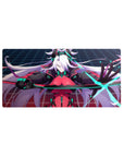32x16 inches anime girl mouse pad with white-haired fighter, crimson bodysuit, neon circuits, grid backdrop.
