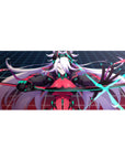 36x16 inches anime girl desk pad with white-haired fighter, crimson bodysuit, neon circuits, retro grid.