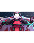 Anime girl desk pad 40x20 inches with white-haired fighter, crimson bodysuit, neon circuits, grid.