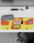 32x12 inches anime girl mouse pad in bright yellows and punchy oranges, cheerful snack-time vibe.