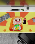 40x20 inches anime girl desk pad in bright yellow and orange, cheerful warm glow for gaming and work.