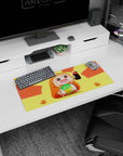 28x12 inches anime girl mouse pad showing rosy-cheek chibi in hamster hoodie holding soda and chips.