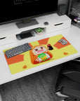 32x16 inches anime girl mouse pad showing rosy-cheek chibi girl in hamster hoodie holding soda and chips.