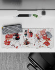 Red-and-black ink-brush anime girl mouse pad 32x12 inches, punchy reds, crisp lines, cocky vibe.