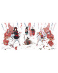 Anime girl mouse pad 32x16 inches with two fox-eared samurai, katanas, masks, ribbons, ink-brush art.