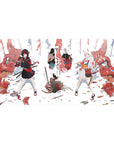 Anime girl desk pad 40x20 inches with two fox-eared samurai girls, masks, ribbons, and katana accents.