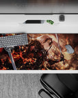 Dynamic 36x16 desk pad highlights Jeanne d'Arc Alter's fierce presence and chaotic flames in stunning detail