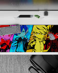 Persona anime mouse pad 36x16 inches, featuring chibi protagonists with vibrant colors: pink, red, blue, gold, and crimson.