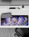 32x12 inches anime mouse pad in crimson, teal, and midnight with dreamy cute-powerful vibe.