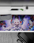 36x16 inches anime desk pad in crimson, teal, and midnight with dreamy vibes, bright pink eyes, violet ribbons.