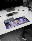 28x12 inches mouse pad featuring wide-smile angel girl, snowy hair, pink eyes, violet ribbons, open pose.
