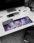 32x12 inches desk mouse pad featuring wide-smile angel girl, snowy hair, pink eyes, wings spread.