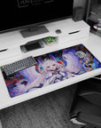 36x16 inches desk pad showing a wide-smile angel girl welcoming you, huge wings spread, snowy hair flowing.
