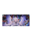 28x12 inches anime girl mouse pad with smiling angel, lavender wings, flower crown, vibrant splash art.
