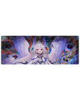 32x12 inches anime girl mouse pad with smiling angel, lavender wings, flower crown, vibrant splash art.