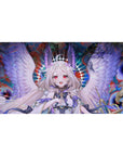 40x20 inches anime girl desk pad with smiling angel, lavender wings, flower crown, splash art backdrop.