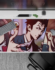 40x20 inches anime desk pad in muted pink and navy with eerie, stylish Chainsaw Man art.