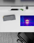 Small-sized 14x10 mouse pad with glowing grid design adds futuristic vaporwave vibes to any workspace