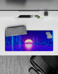 Compact 28x12 mouse pad highlights glowing grids and wireframe mountains for retrowave fans