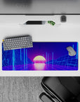 Immersive 32x12 mouse pad features neon pillars and wireframe art for vaporwave enthusiasts' desks