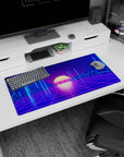 Neon dreamscape design on 32x16 mouse pad brings Virtual Sunset's otherworldly aesthetic to life