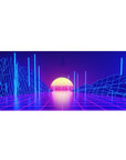 Virtual Sunset mouse pad 36x16 with glowing grids and towering pillars for bold futuristic aesthetics