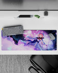 32x12 inches pastel mouse pad in soft violet glow, sky blue and pink tones, cozy sparkly anime aesthetic.