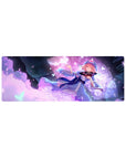 32x12 inches anime girl mouse pad with pink-haired girl, blue dress, lace hem, butterflies and hex patterns.