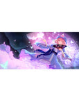 Pastel anime girl desk pad 36x16 inches with pink hair, blue dress, lace hem, butterflies and hex pattern.