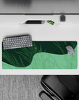 Intense 32x12 desk mat features geometric grasslands and soft green hues with intricate details for fans of minimalism
