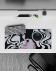 Mystical 28x12 mouse pad with black and white flowing curves, a feminine silhouette, and soft red and grayscale accents for a mesmerizing effect