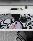 Elegant 36x16 desk pad with a dreamlike black and white design, featuring a feminine silhouette and subtle red and grayscale accents
